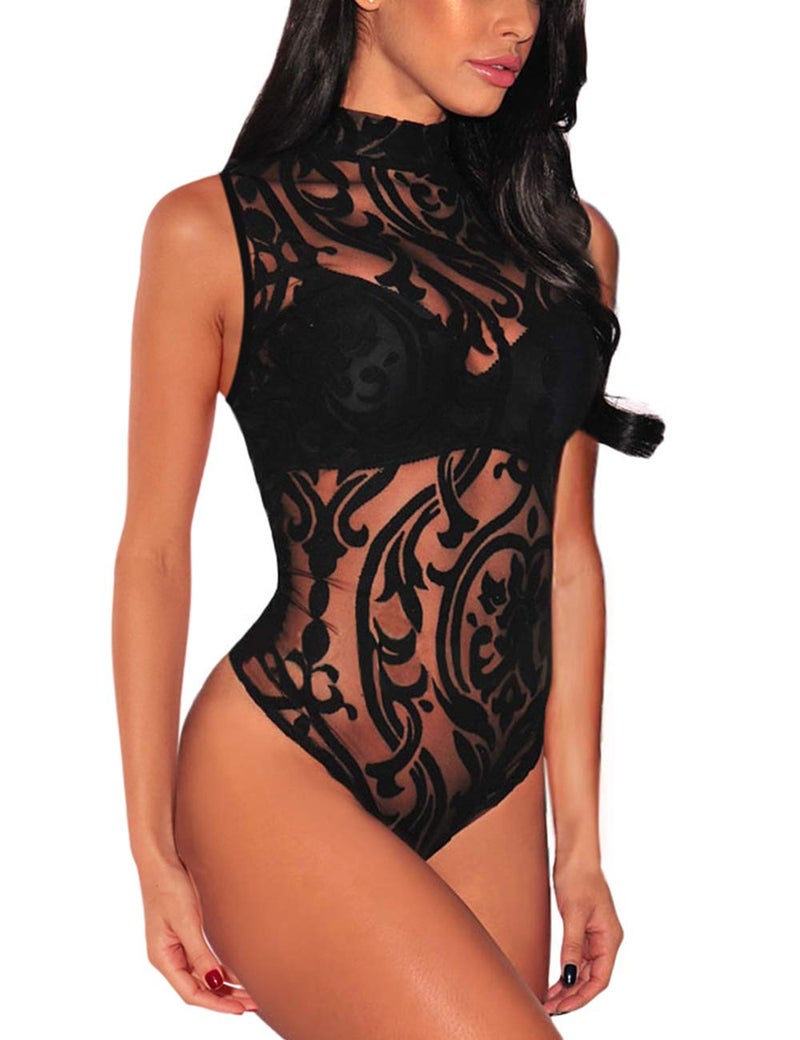 Lrady Eiffel Women's High Neck Sheer Mesh Sleeveless Plus Size Bodysuit Black XL - Image 1